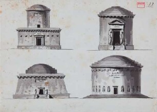 Rekonstruktionen und Entwürfe von Grabmälern: a) Rekonstruktion des Grabmal des M. Lucilius Paetus; b) Entwurf eines Grabmals; c) Entwurf eines Grabmals; d) Rekonstruktion des Grabmals der Caecilia Metella