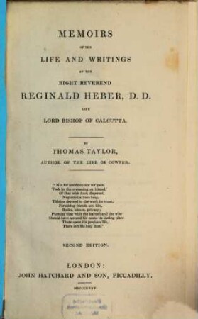Memoirs of the life and writings of Reginald Heber late Lord Bishop of Calcutta