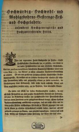 An die ... Reichsversammlung ehrerbietige Vorstellung und Bitte der Gevettern von Dietfurth, den Hochfürstl. Hessen-Cassel Recurs betreffend