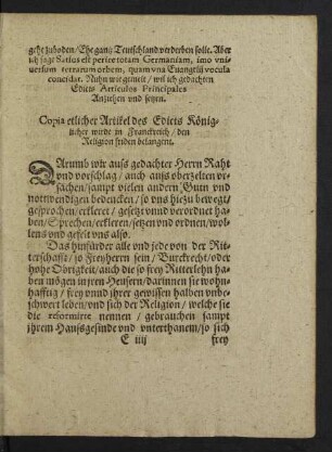 Copia etlicher Artikel des Edicts Königlicher wirde in Franckreich/ den Religion friden belangent.