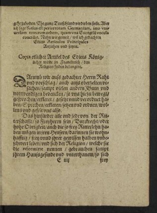 Copia etlicher Artikel des Edicts Königlicher wirde in Franckreich/ den Religion friden belangent.