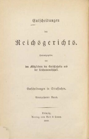 Entscheidungen des Reichsgerichts in Strafsachen. 19. 1889