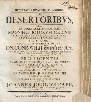 Dissertatio inauguralis iuridica de desertoribus