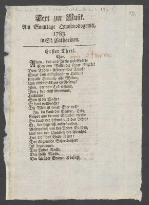 Amen Lob und Preis und Stärke; Coro, orch; D-Dur; BR-CPEB Fs 10.2; H 834; Wq 226 (241)