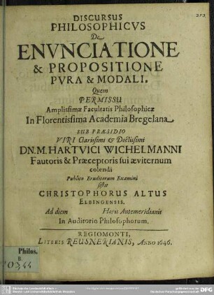 Discursus philosophicus de enunciatione et propositione pura et modali