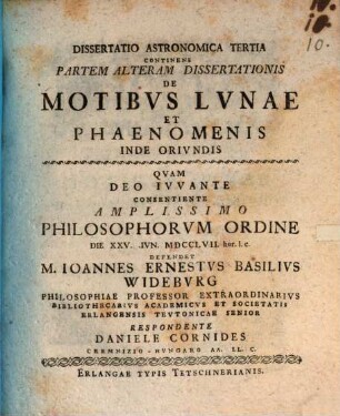 Dissertatio Philosophico-Astronomica De Motv Terrae Et Phaenomenis Inde Orivndis, Dissertatio Astronomica Tertia