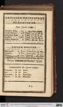 Articles principaux du Calendrier pour l'Année 1769