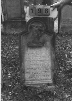 Grabstein 196 (Index: 99609832) Material: Sandstein Zustand: stark verwittert Maße HxBxT: 89x47x15 cm Beschreibung: Stele, schräg eingezogener Rundbogenabschluß (Schulterbogen), Schriftfeld eingetieft, Sockel Symbolik: (Leviten?-)Kanne: Grabstein 196