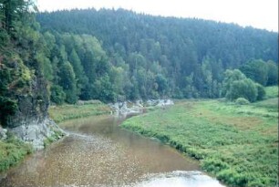 Saale unterhalb der Saalebrücke; Felshänge