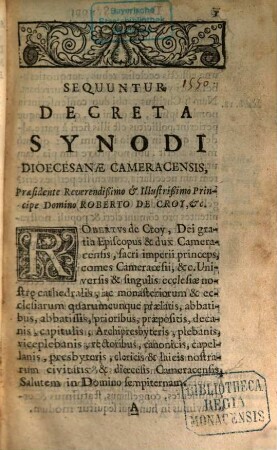 Decreta Synodi Dioecesanae Cameracensis Anno 1550 celebr. sub. Episc. Roberto de Croy