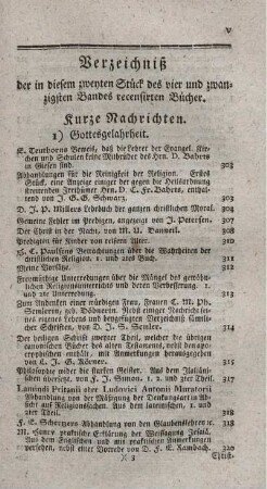 Verzeichniß der in diesem zweyten Stück des vier und zwanzigsten Bandes recensirten Bücher.