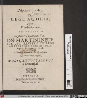 Disputatio Iuridica, De Lege Aquilia