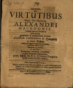 De viritutibus magni illius monarchae Alexandri Macedonis