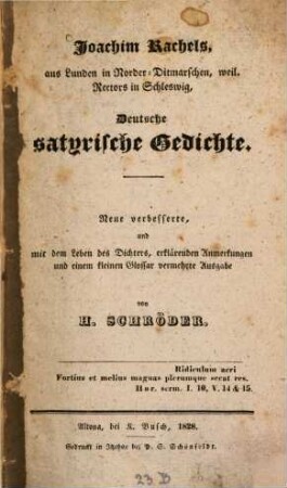 Joachim Rachel's Deutsche satyrische Gedichte