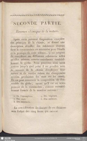 Seconde Partie. Examen chimique de la nature