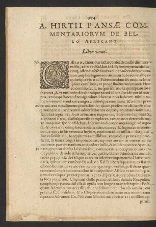 A. Hirtii Pansae Commentariorum De Bello Africano Liber unus.
