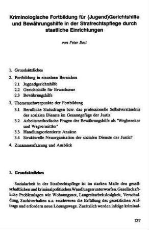 237-246, Kriminologische Fortbildung für (Jugend)Gerichtshilfe und Bewährungshilfe in der Strafrechtspflege durch staatlich Einrichtungen