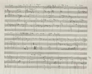 Das eheliche Glück (Intermezzo) op. 72. Sieben Particell-Skizzenblätter von Richard Strauss, Garmisch 1919. Autograph, Bleistift; 27 x 35 cm. Erster Aufzug erste Szene, Blatt 7v. Dresden: SLUB Mus. 9099-F-26a