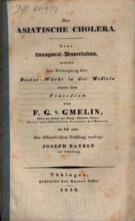 Die asiatische Cholera : eine Inaugural-Dissertation