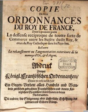 Copie de deux Ordonnances du roy de France