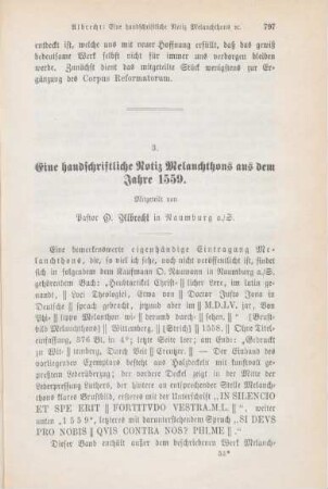 797-800 Eine handschriftliche Notiz Melanchthons aus dem Jahre 1559