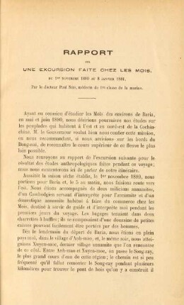 Rapport sur une excursion faite chez les Mois, du 1er novembre 1880 au 8 janvier 1881, par le docteur Paul Néis, médecin de 1re classe de la marine
