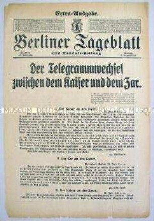 Extra-Blatt des "Berliner Tageblatt" zu den letzten diplomatischen Bemühungen um die Abwendung des Krieges mit Russland