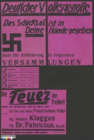 Plakat der NSDAP zu öffentlichen Parteiversammlungen vom 4.-5. März und zu einer Wahlkundgebung am 12. März 1932 anlässlich der Reichspräsidentenwahl am 13. März 1932
