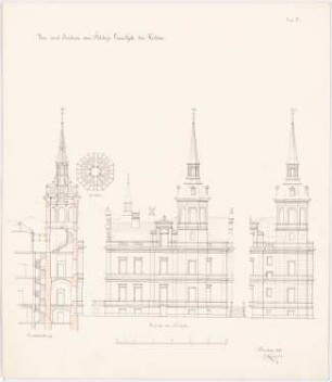 Schloss Queitsch Umbau und Ausbau: Aufriss Nordseite - 2 Varianten; Schnitt Turm, Grundriss Turmdachstuhl, Maßstabsleiste