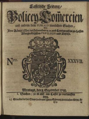 Nro. XXXVII, Montags, den 8. September 1738