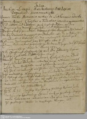 Index. Joachimi Langii, Antibarbarus Orthodoxiae Dogmatico-Hermoneuticas