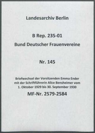 Briefwechsel der Vorsitzenden Emma Ender mit der Schriftführerin Alice Bensheimer vom 1. Oktober 1929 bis 30. September 1930
