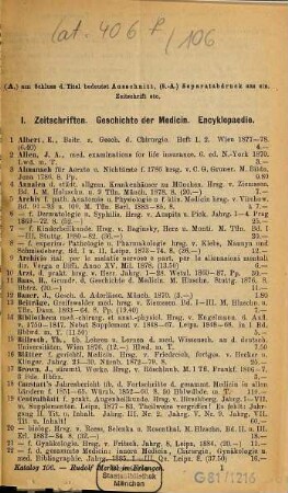 Antiquarischer Katalog, 106. Medicin : neuste Erwerbungen