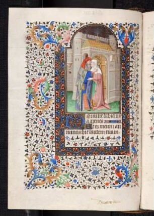 Bordüren-Miniatur-Seite: (Wochentagsgebet: Samstag) Joachim und Anna an der goldenen Pforte; Zierinitiale: D(omine labia mea)