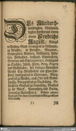 Des Allerdurchlauchtigsten, Großmächtigsten Fürsten und Herrn Herrn Friedrichs Augusti, Königs in Pohlen, Groß-Hertzogens in Litthauen, zu Reussen, in Preussen, ...