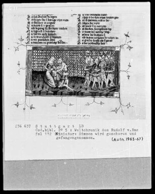 Weltchronik des Rudolf von Ems — Simson wird geschoren und Gefangennahme Simsons, Folio 112recto