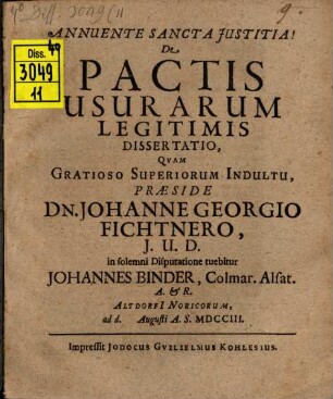 De Pactis Usurarum Legitimis Dissertatio