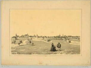 Stadtansicht von Leipzig mit der Stadtbefestigung von Südosten im Zustand der 2. Hälfte des 16. Jahrhunderts, v. l. Pleißenburg, Peterstor, Moritzbastei, Grimmaisches Tor und Hallesche Bastei