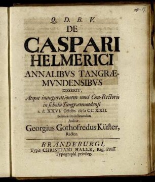 De Caspari Helmerici Annalibus Tangraemundensibus