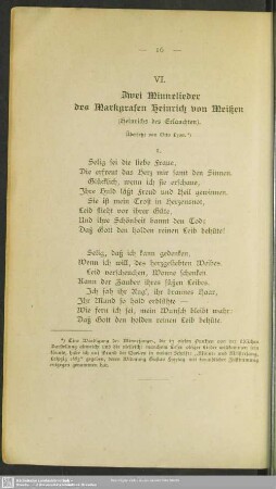 VI. Zwei Winnelieder des Markgrafen Heinrich von Meißen (Heinrichs des Erlauchten)