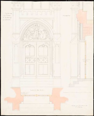 Rathaus, Leobschütz Umbau: Ansicht Hauptportal: Aufriss, Schnitt Tür vertikal, horizontal, Maßstabsleiste (Fuß)