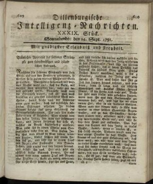 XXXIX. Stück. Sonnabends: den 24. Sept. 1791.