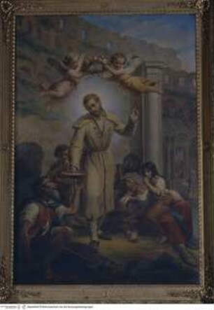 Der heilige Benedetto Giuseppe Labre verteilt am Colosseum Almosen an die Armen