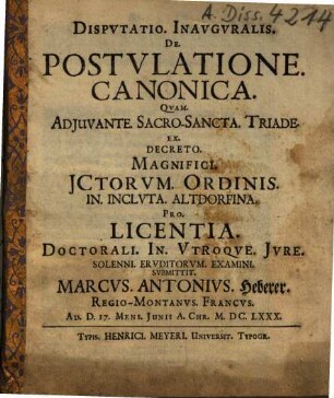 Disputatio inauguralis de postulatione canonica