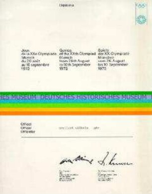 Teilnehmerurkunde der XX. Olympischen Spiele 1972 in München für den DDR-Funktionär Wilhelm Grallert