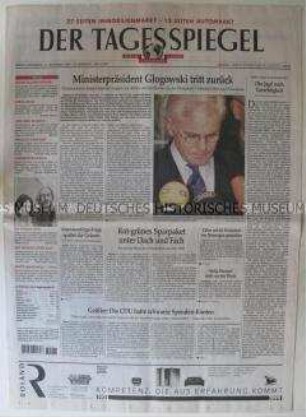Berliner Tageszeitung "Tagesspiegel" mit Titelstory über den Rücktritt des niedersächsischen Ministerpräsidenten Glogowski