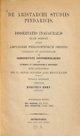 De Aristarchi studiis Pindaricis : (Greifswalder Doctordiss.)