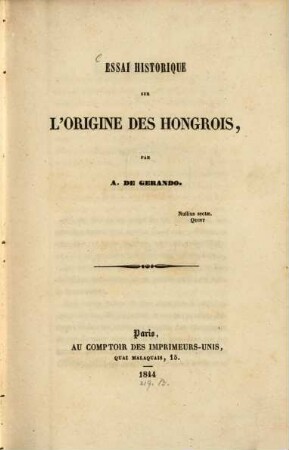 Essai historique sur l'origine des Hongrois