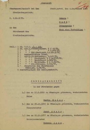 Anklageschrift des Strafsenats des Oberlandesgerichts Stuttgart gegen Martin Maier u.a. wegen Vorbereitung zum Hochverrat (Az. OJ 8/33) (Qu.4-14)