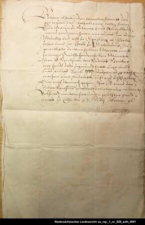 H. von Diepenbrock quittiert dem Rudolf Stricker, Rentmeister des Grafen Enno von Ostfriesland und Rietberg, über 405 Reichstaler Zinsen Ausstellungsort: Köln Unterschrift